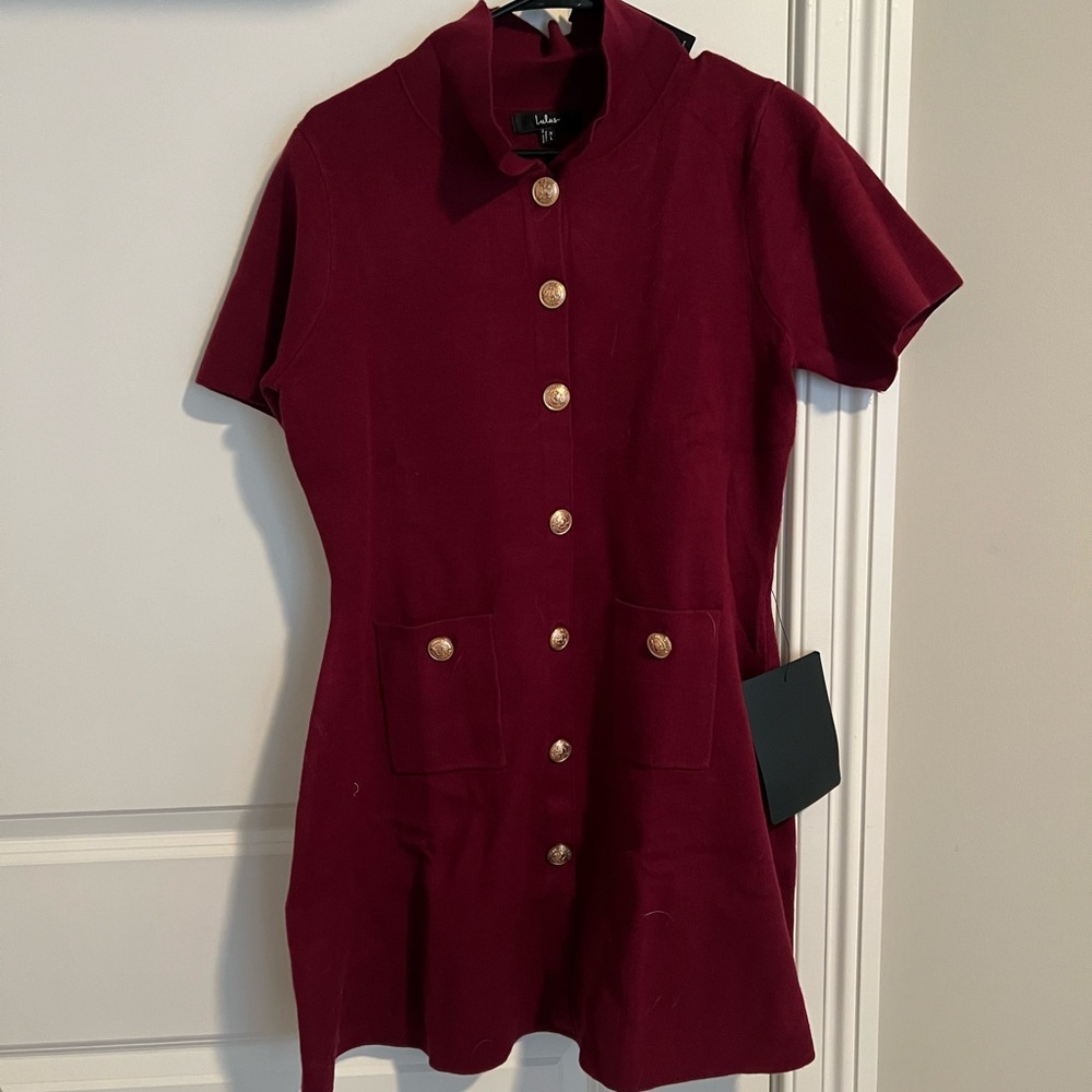 Lulu's Posh Outcome Wine Red Short Sleeve Sweater Mini Dress